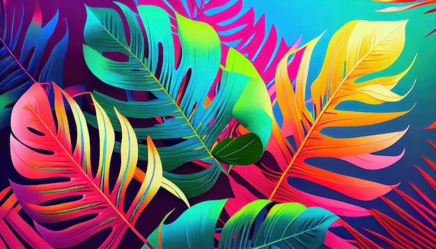 Tropical and palm leaves in bright bold holographic colors Generate Ai