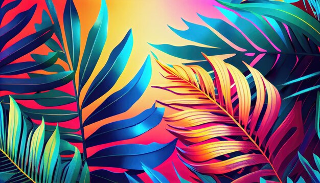Tropical and palm leaves in bright bold holographic colors Generate Ai
