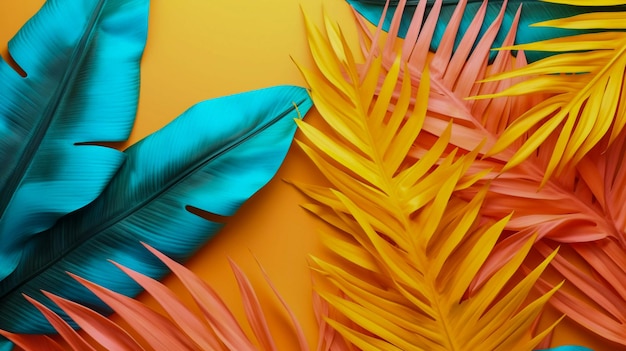 Photo tropical palm leaves colorful bright color illustration generative ai