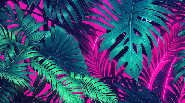 Premium Ai Image Tropical Palm Leaves Neon Lights