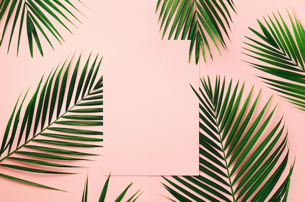 종이 카드 메모가 있는 파스텔 핑크색 배경에 열 대 야자나무 잎 최소 여름 개념 창의적인 레이아웃 위쪽 보기 평평한 녹색 잎이 펀치 파스텔 종이에 있습니다.