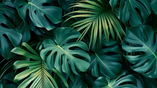 Foto modello di foglie di palma tropicale sfondo verde monstera arbore fogliame decorazione generative ai