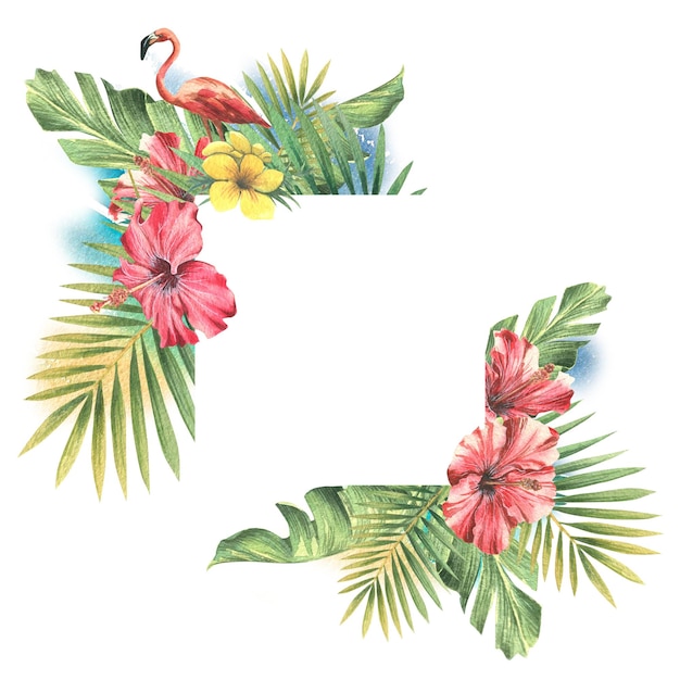 Фото Тропические пальмовые листья красные цветы гибискуса ракушки и розовые фламинго на фоне лазурного моря и неба акварельная иллюстрация яркая квадратная рамка из коллекции cuba для оформления