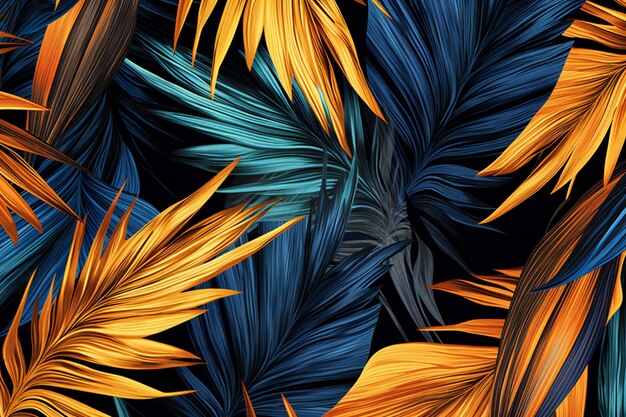 Tropical palm leaves seamless pattern on black background