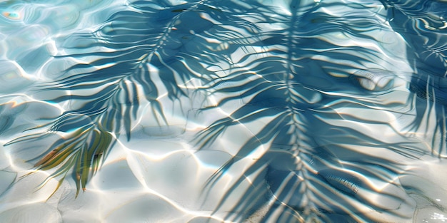 Фото Тропические пальмовые листья тени на голубой поверхности воды в бассейне летний отпуск на пляже отдых туризм и морские путешествия концепция красивый абстрактный фон с копировальным пространством