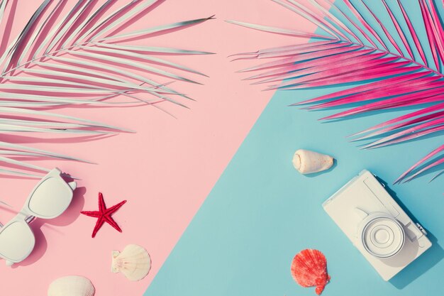 Tropical palm leaves on trendy pastel pink background