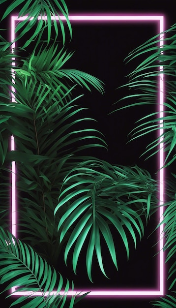 Tropical Palm Leaves with Glowing Neon Frame Mockup