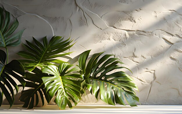 Tropical palm leaves with shadows on white concrete wall abstract blurred tropical background