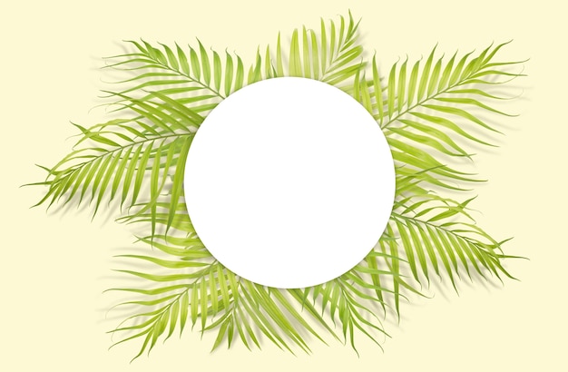 Tropical palm leaves with white paper on yellow background. 