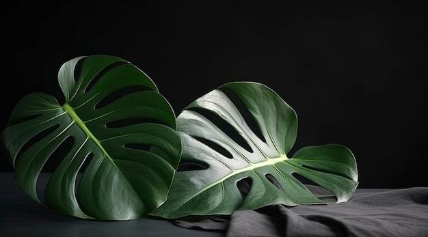 Tropical palm monstera leaves isolated on gray table background generate ai