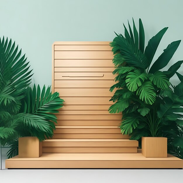 Tropical palm podium stage product presentation mockup with wood display