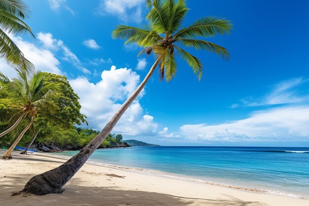 Тропический пляж с пальмами, с камнями и чистой водой в стиле панорамы