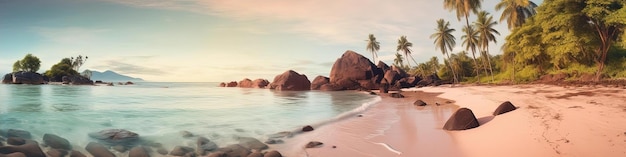 tropical palm tree beach with rocks and clear water in the style of panorama