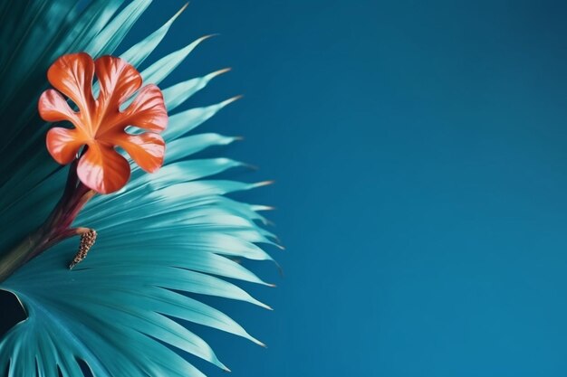 Tropical palm tree leaf and flower on a blue background vibrant minimal fashion concept design with copy space