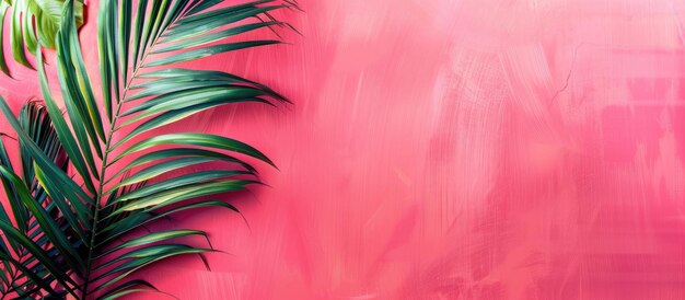 Photo a tropical palm tree leaf set against a vibrant pink backdrop with empty space for text