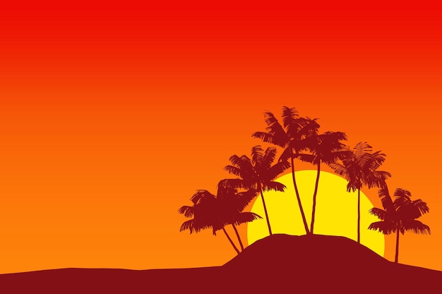 Tropical palm tree silhouette against sunset sky 3d rendering