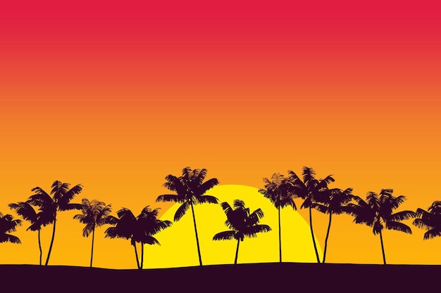 Tropical palm tree silhouette against sunset sky 3d rendering