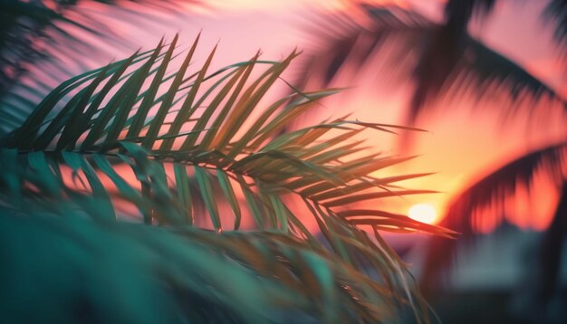 Tropical palm tree silhouettes against vibrant sunset sky background generated by artificial intelligence