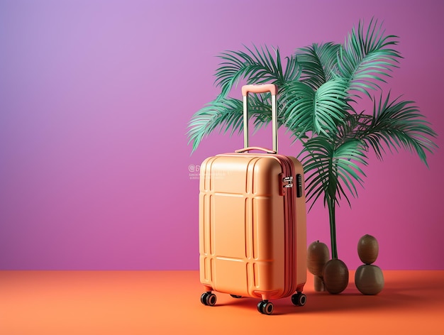 Tropical palm tree and suitcase on neon color background