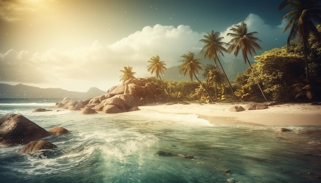 Tropical palm tree sways by tranquil waters generated by AI