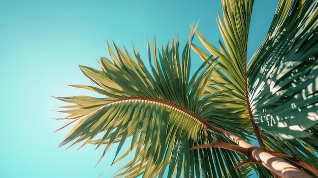 Tropical palm tree with green palm branches against a clear blue sky Generative Ai