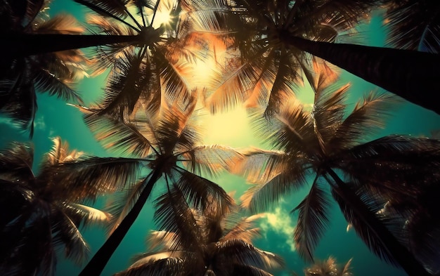 熱帯 の パーム の 樹木 は 太陽 を 見上げ て い ます