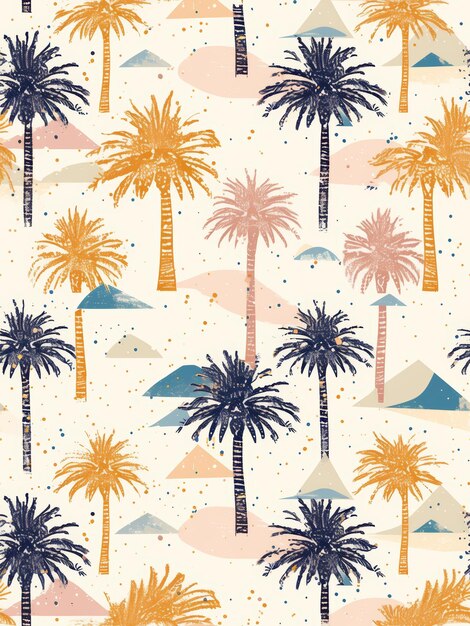 Photo tropical palm trees and mountains seamless pattern