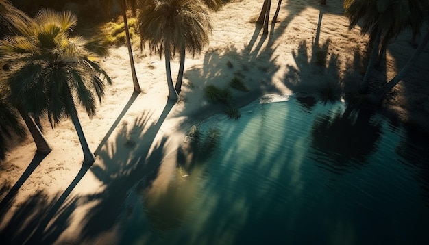 Tropical palm trees reflect sunset beauty in nature generated by AI