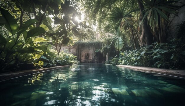 Tropical palm trees reflect in tranquil pool generated by AI