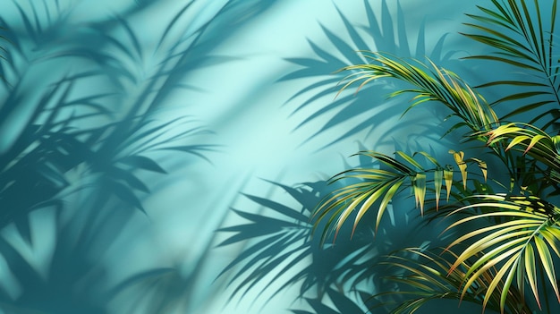 A tropical palms leaf shadow on a blue background for product shoot