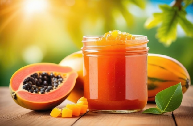 tropical papaya fruit a jar of papaya jam on a wooden table exotic garden green plants on a background sunny day