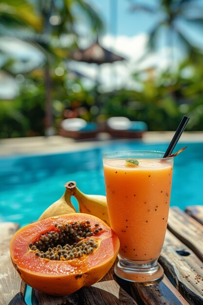 Tropical Papaya lassi and fresh papaya fruit near poolside