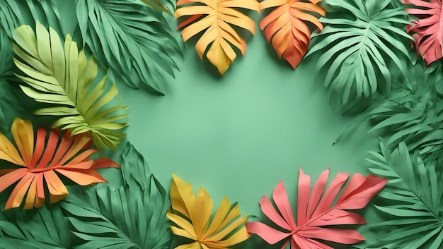 Tropical paper palm leaves frame Summer tropical leaf