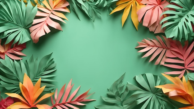 Tropical paper palm leaves frame Summer tropical leaf