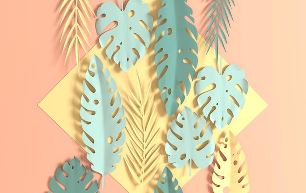 Tropical paper palm leaves Summer tropical pastel colored leaf 3d render