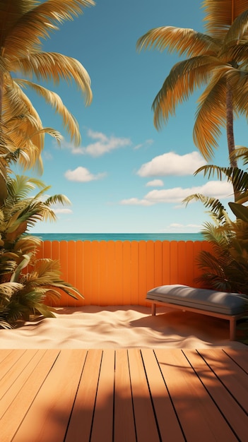 Tropical paradise 3D rendering features orange wooden wall lush palms and sandy shore Vertical Mob