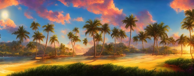 열대 낙원 해변 해변에 매달려 있는 아름다운 마법의 야자수 푸른 하늘과 푸른 바닷물 태양은 해안 해변과 바다 3d 그림을 비춥니다.