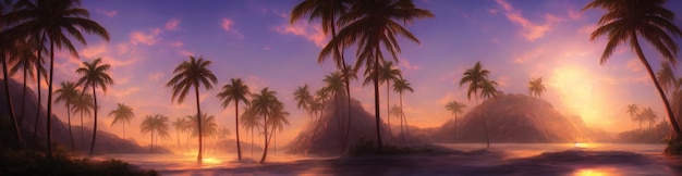 Tropical paradise beach beautiful magical palm trees hanging on the seashore Blue sky and azure sea water Sun illuminates the coast beach and the ocean 3d illustration