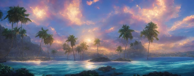 Tropical paradise beach beautiful magical palm trees hanging on the seashore Blue sky and azure sea water Sun illuminates the coast beach and the ocean 3d illustration