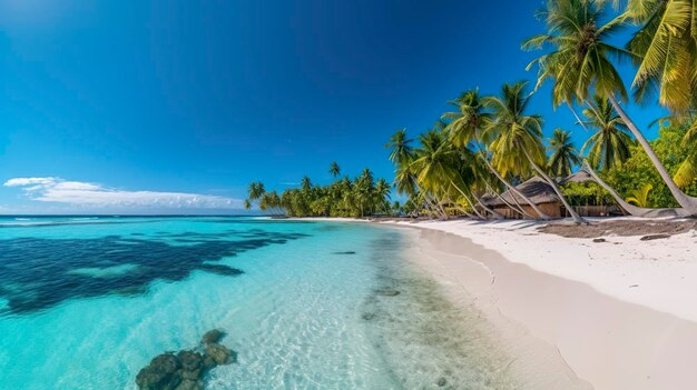 Tropical paradise beach with white sand and crystal clear blue water Beautiful natural summer vacation holidays background Travel tourism wide panorama background concept AI Generative