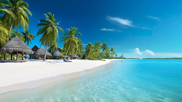 Тропический райский пляж с белым песком и кристально чистой голубой водой Красивый естественный летний отдых отдых фон Путешествия туризм широкий панорамный фон концепция AI Generative