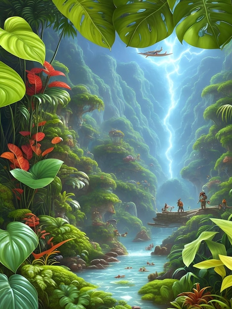 Tropical Paradise Big Leaf Jungle Background with Vibrant Blossoms AI Generative