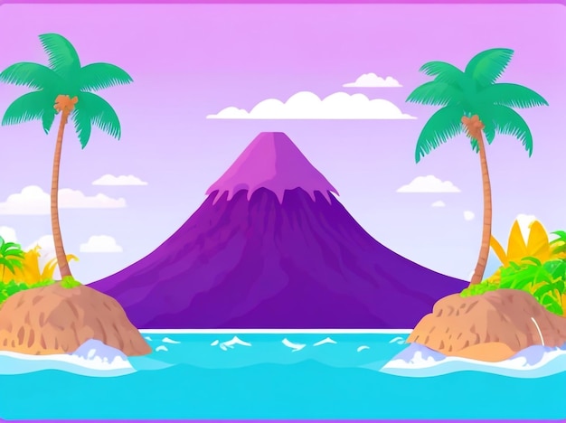 Tropical paradise cartoon vector of a volcano island in the sea