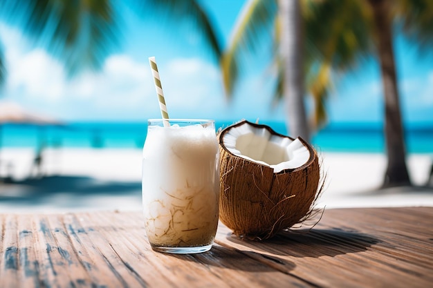 Tropical Paradise Fresh Coconut Cocktail with Straw on White Sand