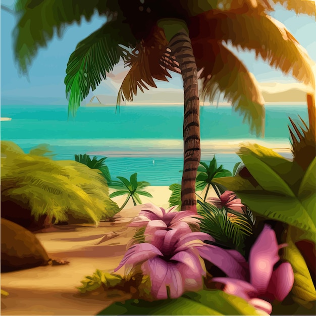 Tropical paradise island Sandy beach palm trees and sea Hawaii Summer holidays Golden sand on