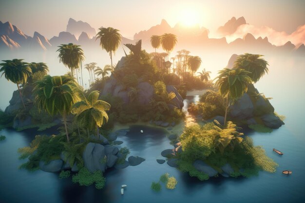 Тропический рай Изометрический вид на закат на острове Джунглей
