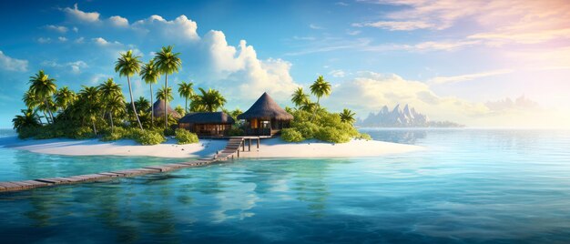 Tropical paradise Luxury panorama view on Maldives resort on seascape background Bungalow villas