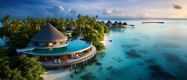 Tropical paradise Luxury panorama view on Maldives resort on seascape background Bungalow villas