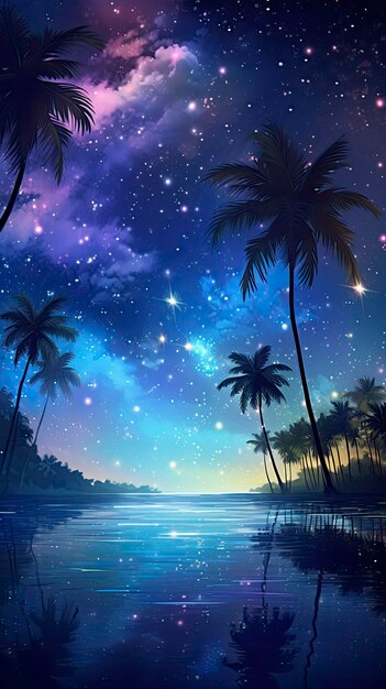 Tropical paradise night stars glowing palmtrees