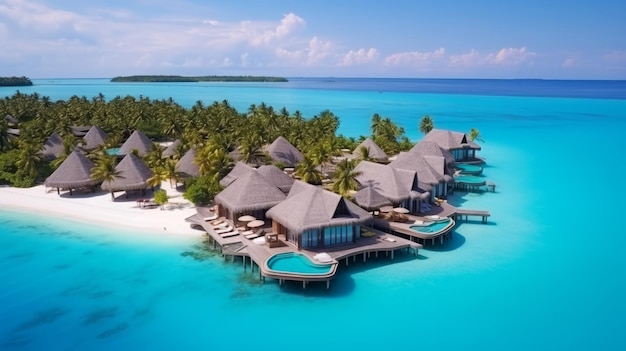 Tropical paradise overwater bungalows amidst palm trees resort